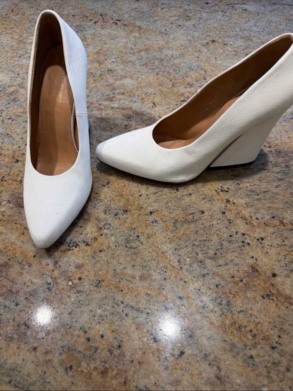 Dries Van Noten Cream Pointed-Toe Wedge Pumps